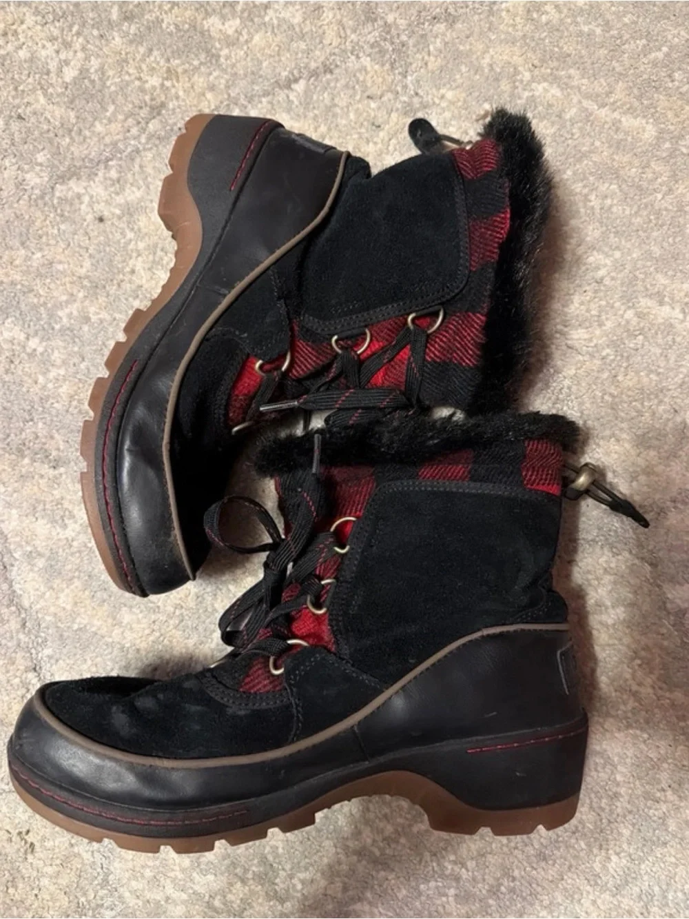 Sorel Black Suede Winter Boots with Red Accent Panels and Faux Fur Cuff
